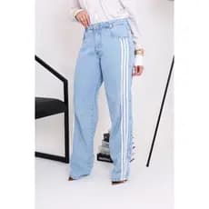 Com listras Calça Jeans Feminina  3 Listras Wide Leg Cintura Alta Listras  Laterais Estilo Esportivo Streetwear