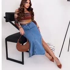 Mid  Saia  Jeans C/ Fenda Lateral Lavagem Média Lançamento Verão