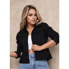 Jaquetinha Sarja Jeans Básica Botões Encapado Moda Feminina Tendência Da Moda Novo