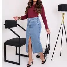 Saia Mid Jeans  C/ Fenda Lateral Lavagem Média Lançamento Verão