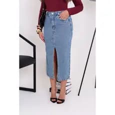 Saia Mid Jeans C/ Fenda Lateral Lavagem Média Lançamento Verão