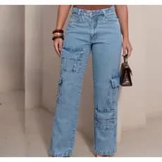 Cargo Calça Jeans Wide Leg Cargo Feminina 4 Bolsos  na Frente Cintura Alta