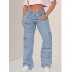 Cargo Calça Jeans Wide Leg Cargo Feminina 4 Bolsos Cintura Alta