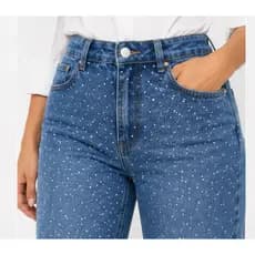 Calça jeans feminina wid com brilho total na frente