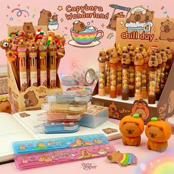 Kit Capivara Material Escolar Fofo Papelaria Kawai Caneta + Régua + Corretivo Estudante Lembrancinha