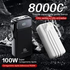 Fosco PowerBank 80000mAh Turbo 100W PD carregamento ultra-rápido e cabo integrado compatível iOS/Android Bateria Portáti