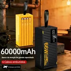 Carregador Portátil 60000mAh Ultra-Capacidade com 4 Cabos Integrados, Lanterna LED e Carregamento Turbo Rápido Powerbank