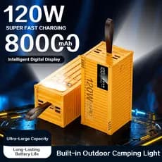 80000mah PowerBank Ao Ar Livre 120W Turbo Rápido Alta Capacidade e Lanterna Embutida para Diversos Aparelhos