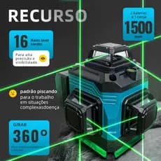 Nível Laser 16 Linhas Profissional Verde Nível 360° Auto-Nivelante 4D + Tripé 1.2m + 40m + 4000mAh Baterias*2 + Suporte