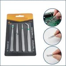KIT 4 PINCAS PRECISAO INOX PONTA FINA CURVA RETA ELETRONICA