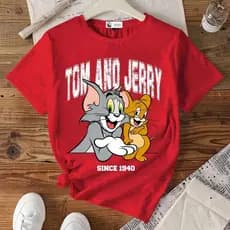 Camiseta feminina casual TOM  solta, com estampa gráfica de desenho JARRY animado, decote redondo