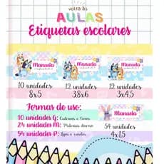kit 88 etiquetas Escolares Personalizadas BLUEY ROSA - resistente a agua-ETIQUETAS ESCOLARES