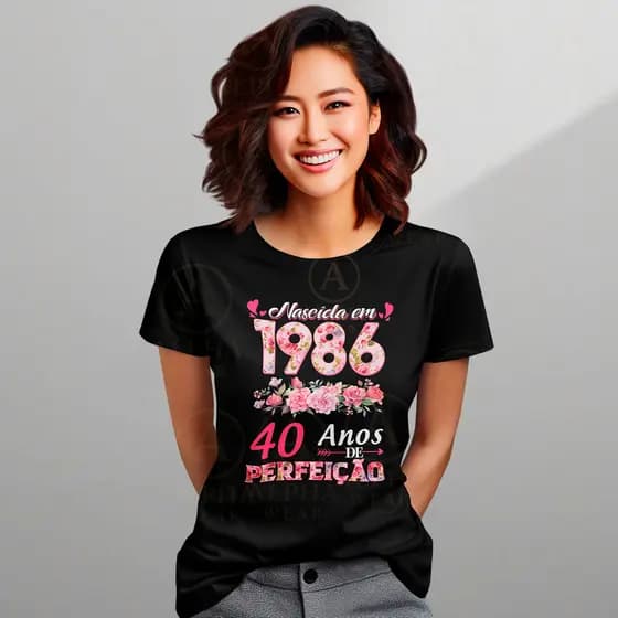 Camiseta Feminina Floral Rosa Nascida em 1986 40 Anos De Perfeição 100% Algodao Premium