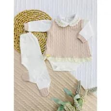 Conjunto de Pagão Feminino 3 Peças  Mundo Colorido Vestidinho em Tricô Body e Mijão RN (0 a 2 meses)