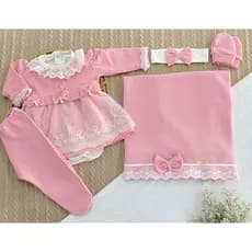 Saída de Maternidade Mundo Colorido – 6 Peças em Malha Tricô: Vestido, Body, Manta, Luvas e Tiara