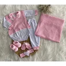 Conjunto Maternidade Menina 7 Peças Tricô Alta Qualidade Algodão 100%