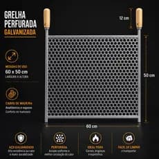 Grelha Zincada Perfurada P/churrasco 60x50 Cabo De Madeira