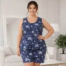 Conjunto Cavado Feminino Estampado de Malha Fria Liganete para Idosos Confortavél Fresco