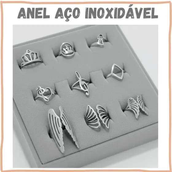 Anel Aço Inoxidável Feminino Hipoalergênico Asas de Anjo Coroa Notas Musicais Gato  Lua e Estrela