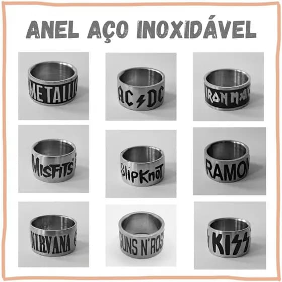 Anel Aço Inoxidável Bandas de Rock Metallica  ACDC Iron Maiden Ramones Nirvana Slipknot Kiss Misfits Guns N' Roses