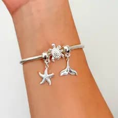 Pulseira Patuá Berloques Banhada a Prata 925 Estrela do Mar Tartaruga Sereia Férias Praia Summer