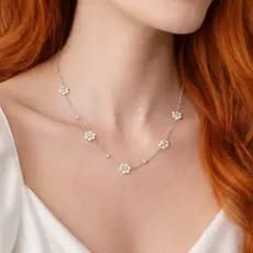 Colar Feminino Flor Perólas Delicado Colar Belly Banhado a Prata 925
