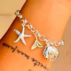 Pulseira Praiana Estrela do Mar Calda de Sereia Concha do Mar Banhada a Prata 925