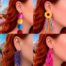 Brinco Carnaval Colorido Leve Lantejoula Pompom Fita Colorida Paetê Flor Argola