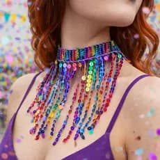 Colar Carnaval Lantejoula Paetê Franja Gargantilha Colorida Brilhante