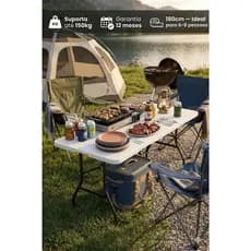 Mesa Dobrável Portátil 1,80m Vira Maleta  HDPE Resistente Suporta 150kg Festa  Churrasco Camping Escritório com Alça