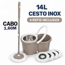 Mop Giratório 360 14L Cesto Inox Cabo 1,60m Dispenser Rodinhas Alça + 4 Refis Microfibra