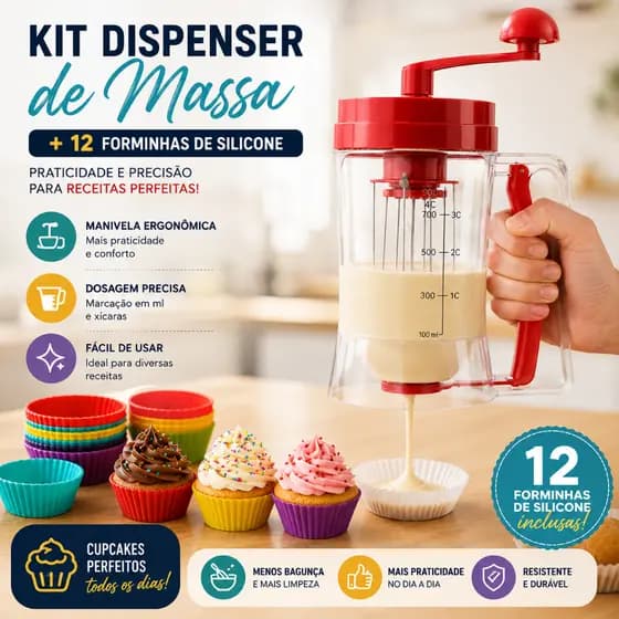 Kit Dispenser de Massa Manual 800ml com Manivela + 12 Forminhas Silicone Cupcake Muffin Panqueca Waffle Dosador de Massa