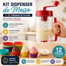 Kit Dispenser de Massa Manual 800ml com Manivela + 12 Forminhas Silicone Cupcake Muffin Panqueca Waffle Dosador de Massa