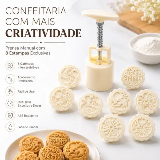 Kit Molde Mooncake com 8 Carimbos Intercambiáveis e Prensa Manual Molde para Biscoitos Doces Carimbo Floral e Coelho