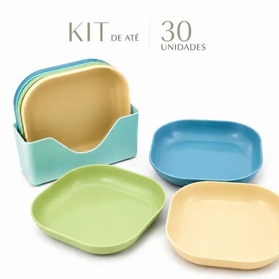 Kit com 10/20/30 Pratos Coloridos Plásticos Duros Reutilizáveis Com Suporte