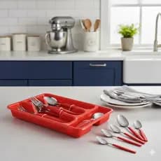 Jogo Talheres Inox 25 Peças Porta Talheres Organizador Vermelho Mesa Completa