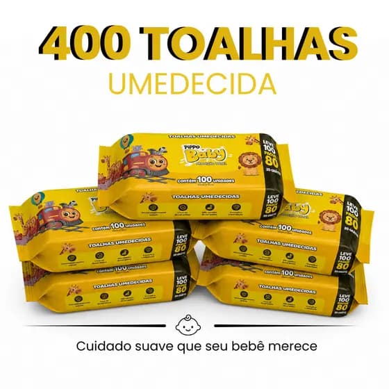 Kit 4 Pacotes Toalhas Umedecidas Pippo Baby Proteção Total Hidratação Suave 100 Unidades