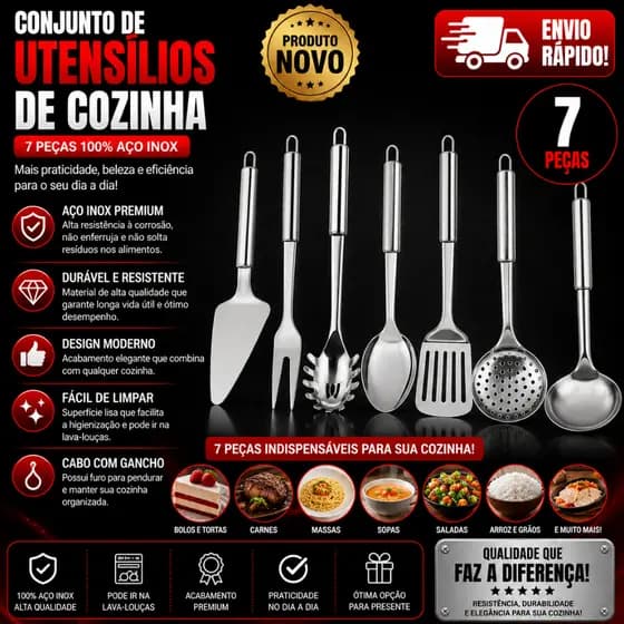 Conjunto  Utensílios de Cozinha 7 Peças 100% Aço Inox SQ 4419/4241/3720/3721/3719/3722/3723