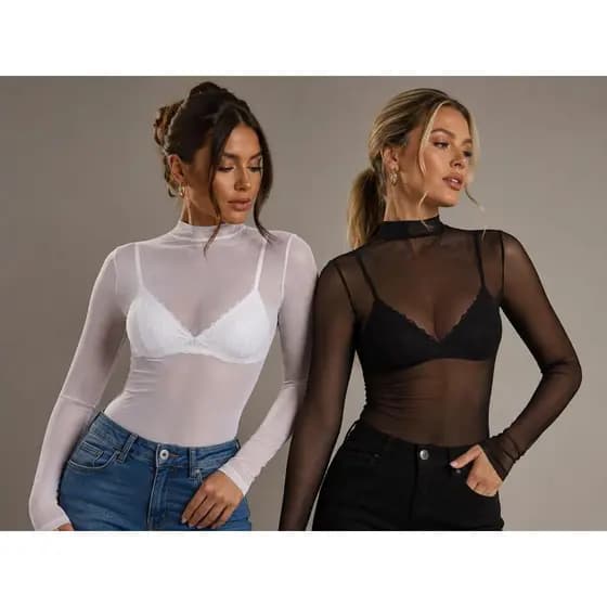 Kit 2 Blusas Feminina Tule Transparente Manga Longa Gola Alta Elegante Moda Blogueira Tendencia 2026