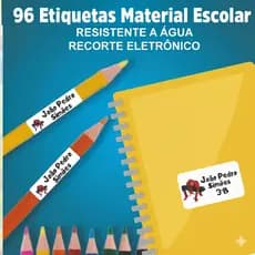 96 Etiquetas Adesivas Material Escolar Lápis e Cadernos em VINIL