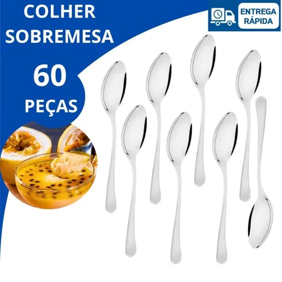 Jogo Com 60 Colheres De Sobremesa em Aço Inox  Para Cozinha Restaurantes Buffet Qualidade Premiumo