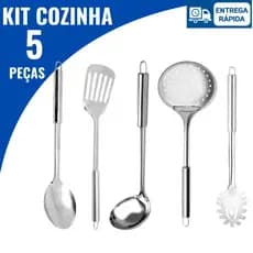 Conjunto 5 Utensílios 100% Inox Para Cozinha Concha Pegador Massa Colher Arroz Espátula Escumadeira