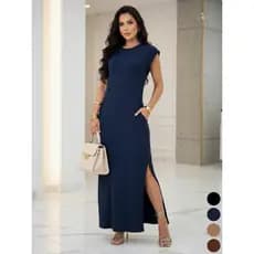 Vestido longo casual basico feminino ribana canelada manga muscle moda gringa preto marrom