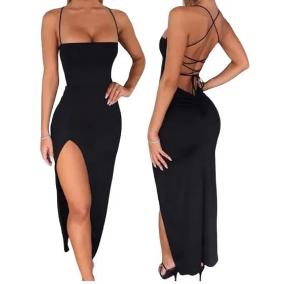 Vestido Longo Elegante com Costas Nuas Trançadas Fenda Lateral Empina Bumbum Colado Novo