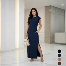 Vestido Longo Casual Basico Feminino Ribana Canelada Manga Muscle Moda Gringa Preto Marrom