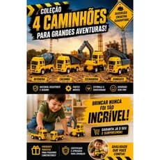 Kit 4 Caminhões Construção Infantil Betoneira Escavadeira Guindaste Caçamba Brinquedo Lembrancinha Tema Festa