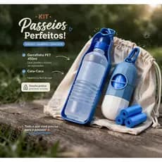 Kit Passeio Pet Completo Garrafa 450ml Bebedouro + Porta Saquinho Cata Caca Cachorro Portátil Higiene Anti Vazamento
