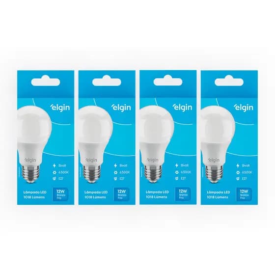 Kit 4 Lampadas Led Bulbo 12W Elgin Luz Fria 6500K E27 Bivolt Economica Para Casa Sala Cozinha