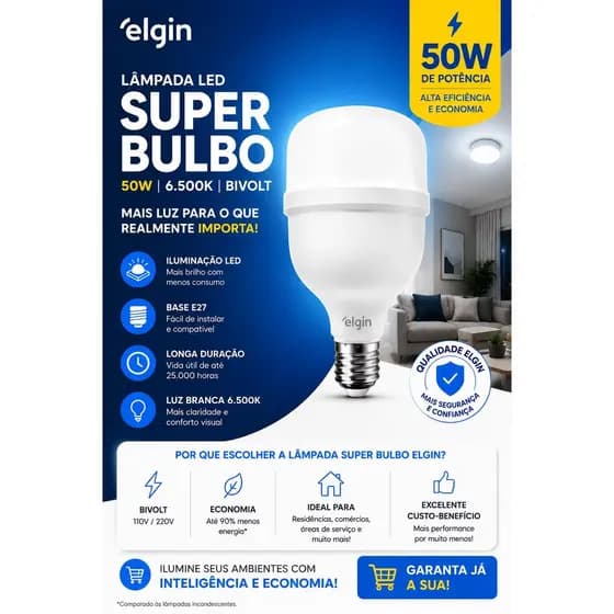 Kit Lâmpada 50w Led Elgin Super Bulbo Potente Economica 6500k Branco Frio