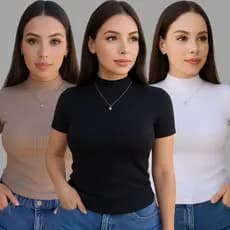 Blusa Canelada Feminina Gola Alta Manga Curta
